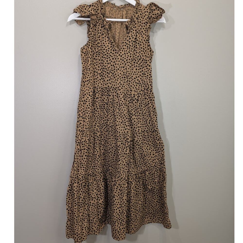 J. Crew Sundress Poplin Tiered Brown Polka Dot Ruffle Sleeveless Midi - Size S